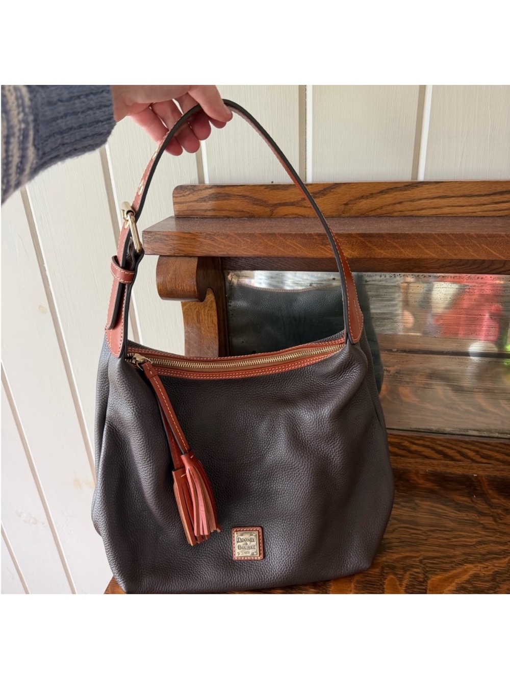 Dooney & Bourke Brown Pebbled Leather Hobo Shoulder Bag with Cognac Trim